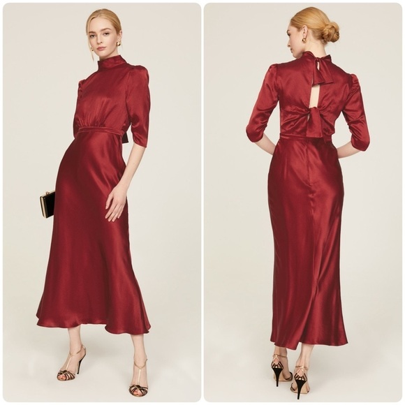 SALONI Adele Red silk-satin maxi dress with open back ties ♥️ size 8 - Picture 1 of 11